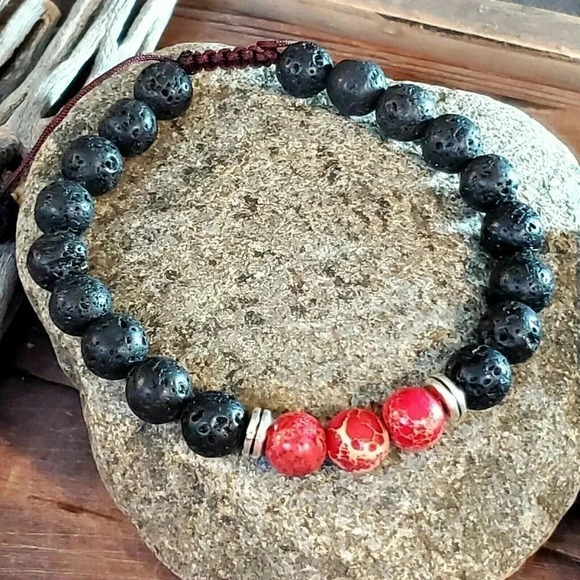 Handcrafted Chakra Bracelet Red Aqua Terra Jasper Black Lava - Picture 2 of 7